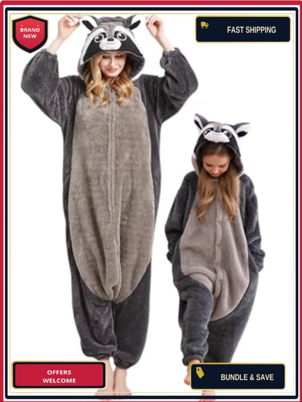 Unisex Raccoon Onesie Pajama Plush Animal Cosplay Halloween Sleepwear